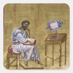 Evangelist Mark sitzt bei seinem Studium Byzantine Quadratischer Aufkleber
