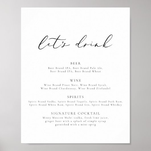 EVELYN Calligraphy Modern Let's Drink Bar Menu Poster (Vorne)