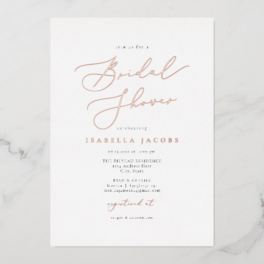 EVELYN Elegante Script Rose Gold Foil Brautparty Folieneinladung (Vorderseite)