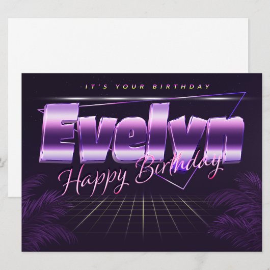 Evelyn Name Vorname lila retro Karte Geburtstag (Vorne/Hinten)