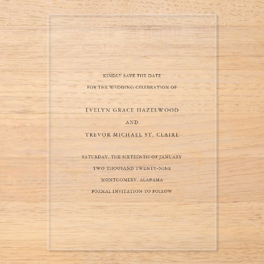 Evelyn Simple Elegant Wedding Save the Date Acryleinladungen (Vorderseite)