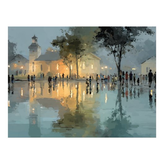 Evening Church Square Rain Reflections Fotodruck (Vorne)