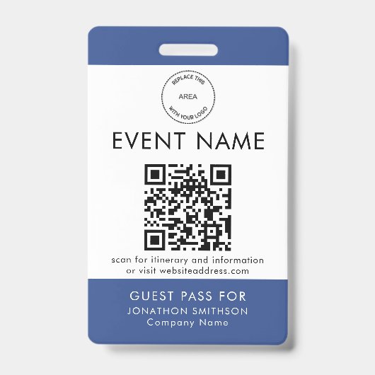Event-Logo QR-Code Gast-Pass Name Blau Ausweis (Vorderseite)