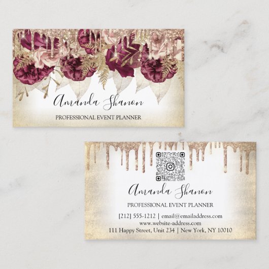 Event-Planer Rose Blume Tropfen QR Logo Elegant Visitenkarte (Vorne/Hinten)