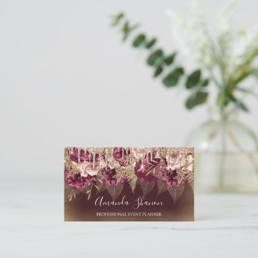 Event-Planer Rose Blume Tropfen QR Logo Marsala Visitenkarte (Stehend Vorderseite)