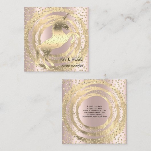 Event Planer Rose Unicorn Gold Glitzer Quadratische Visitenkarte (Vorne/Hinten)