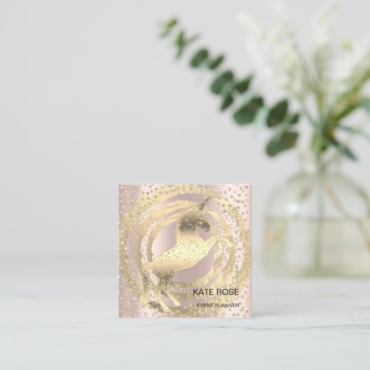 Event Planer Rose Unicorn Gold Glitzer Quadratische Visitenkarte (Stehend Vorderseite)