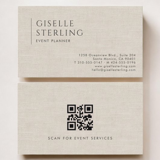 Event Planner Luxury Neutral Linen QR Code Visitenkarte