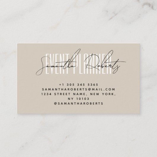 Event planner modern typography script beige visitenkarte (Rückseite)