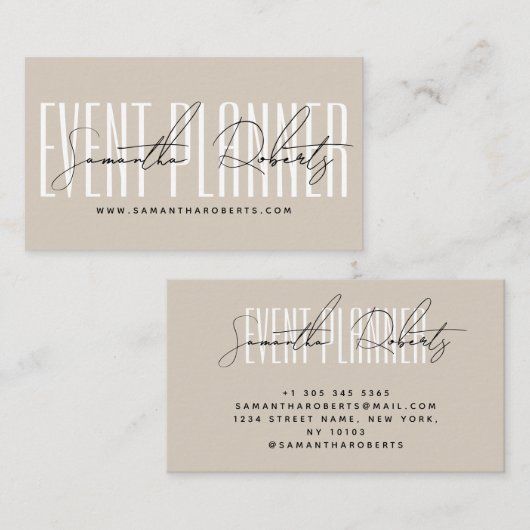 Event planner modern typography script beige visitenkarte (Vorne/Hinten)