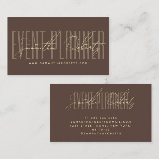 Event planner modern typography script brown visitenkarte (Vorne/Hinten)