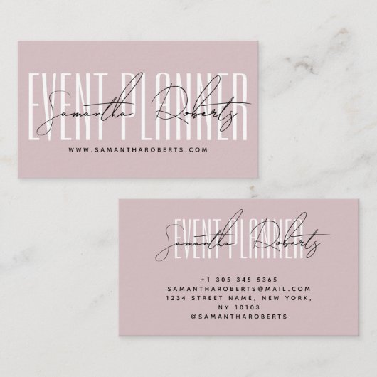 Event planner modern typography script dusty pink visitenkarte (Vorne/Hinten)