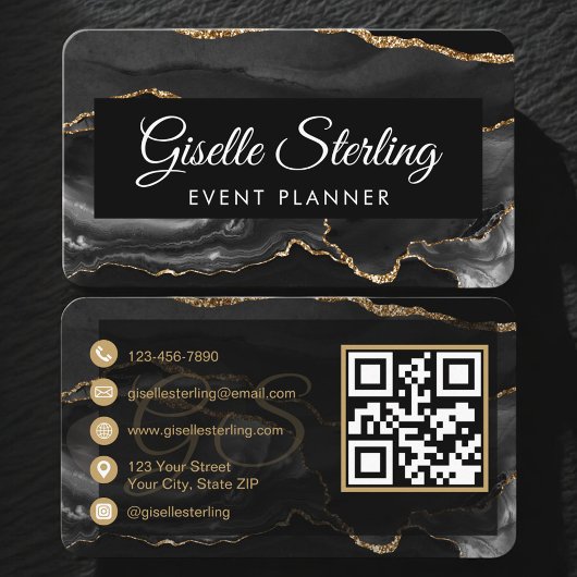 Event Planner QR Code Black Gold Visitenkarte