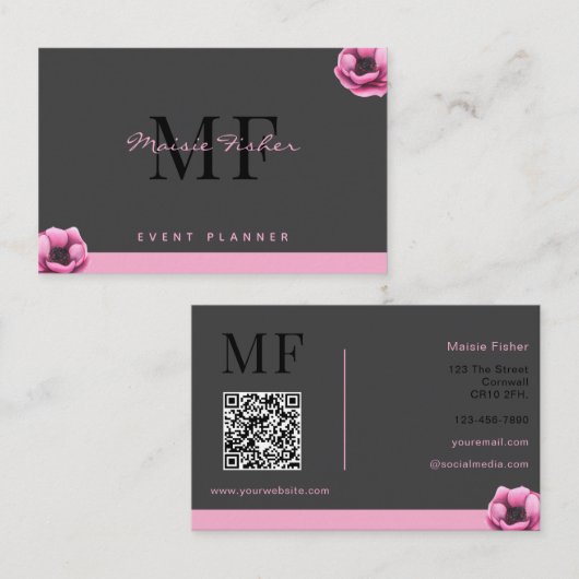 Event Planner QR Code Monogram Custom Modern Visitenkarte (Vorne/Hinten)