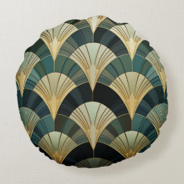 Eventails Art Deco - Or auf Smaragd Rundes Kissen