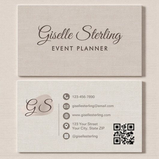 Eventplaner Beige Leinen Moderner Eleganter QR-Cod Visitenkarte