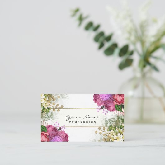 Eventplaner Blumenblätter Rote Rosen Rosa Grün Gol Visitenkarte (Stehend Vorderseite)