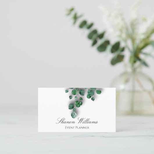 Eventplaner Hochzeit Eukalyptus weiß Visitenkarte (Stehend Vorderseite)