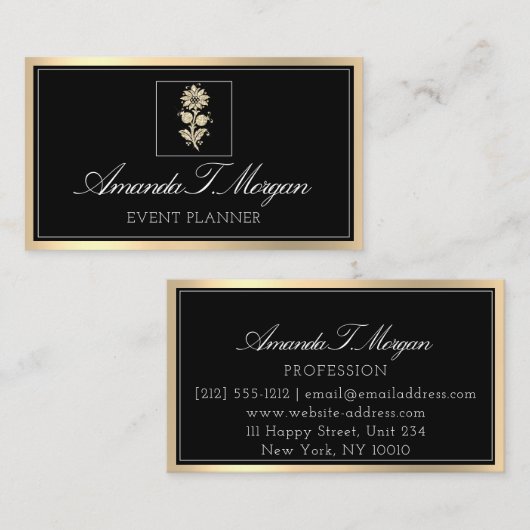 Eventplaner HochzeitGold-Blume-Rahmen Schwarz Visitenkarte (Vorne/Hinten)