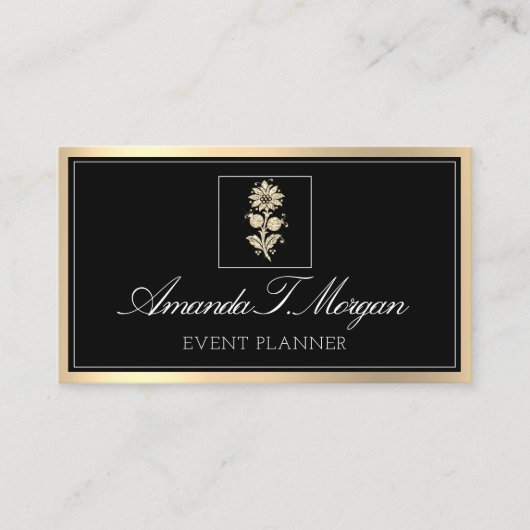 Eventplaner HochzeitGold-Blume-Rahmen Schwarz Visitenkarte (Vorderseite)