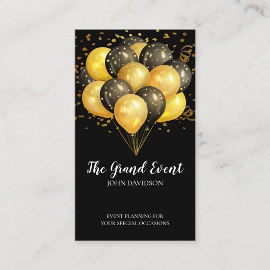 Eventplaner Moderner Gold Black Balloons Glitzer Visitenkarte (Vorderseite)