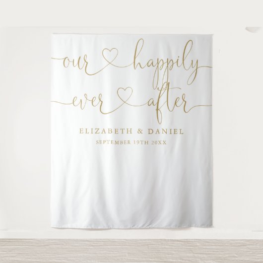 Ever After Gold Heart Wedding Foto Hintergrund Wandteppich (Vorderseite)