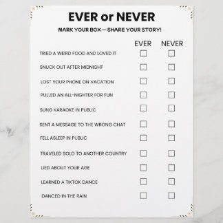 Ever or Never Game – Printable Icebreaker Briefbogen