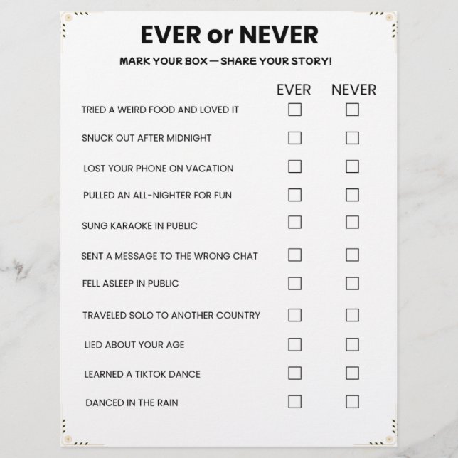 Ever or Never Game – Printable Icebreaker Briefbogen (Vorderseite)