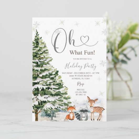 Evergreen Animal Trees Holiday Winter Party Einladung (Stehend Vorderseite)