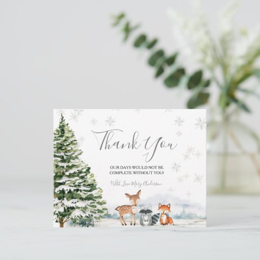 Evergreen Animal Winter Onederland Birthday Dankeskarte (Stehend Vorderseite)