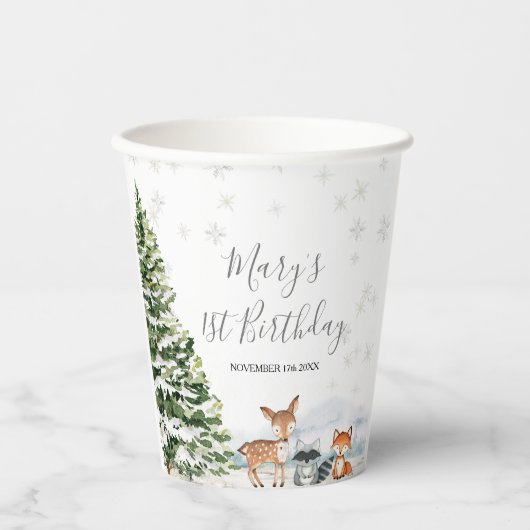 Evergreen Animal Winter Onederland Birthday Pappbecher (Vorderseite)