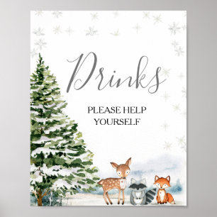 Evergreen Animal Winter Onederland Drinks Sign Poster
