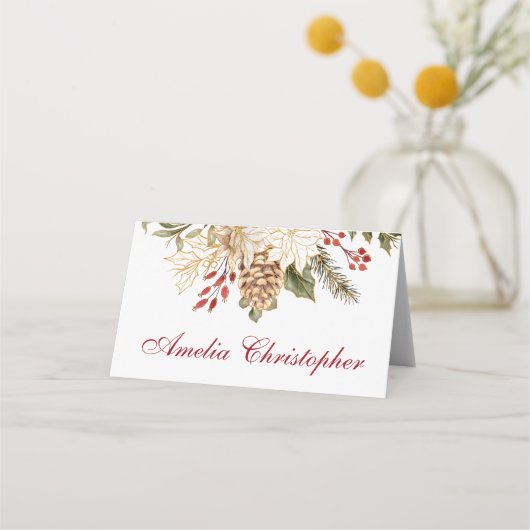 Evergreen Blume Winter Wedding Platzkarte (Vorderseite)