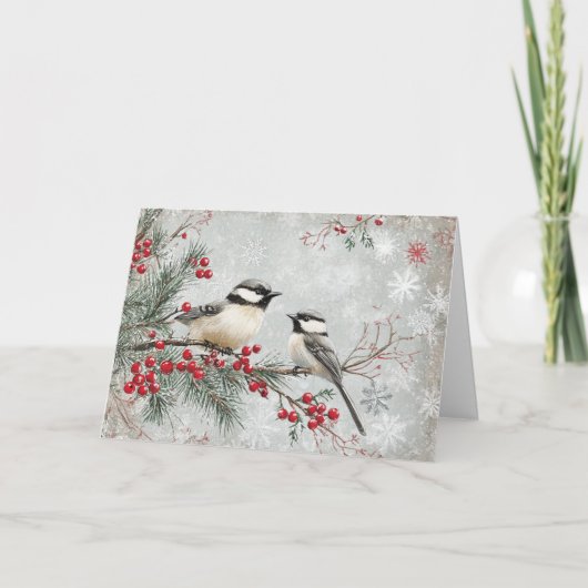 Evergreen Branch mit Chickades und Schneeflocken Karte (Vorderseite)
