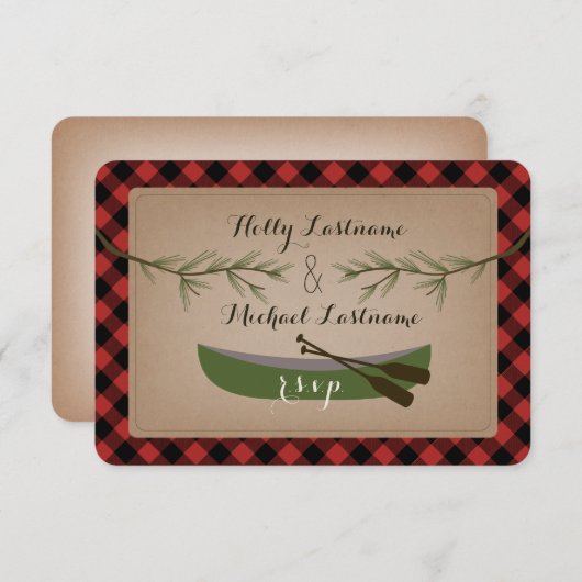 Evergreen Branches + Canoe Kariert Wedding R.S.V.P RSVP Karte (Vorne/Hinten)
