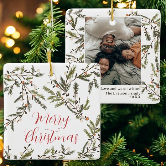 Evergreen Branches Festtage Foto Weihnachten Keramikornament