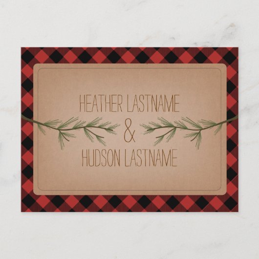 Evergreen Branches Kariert rustikal Save the Date Ankündigungspostkarte (Vorderseite)