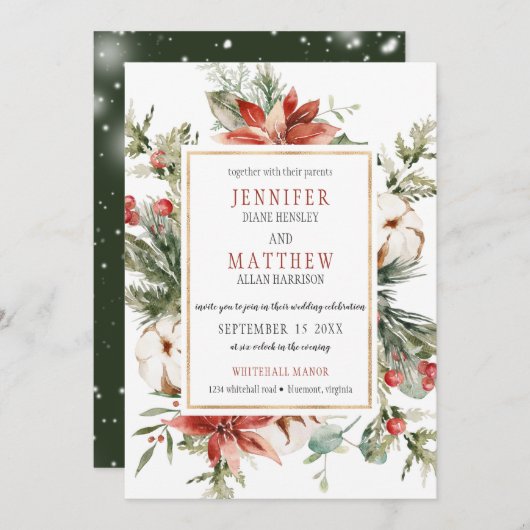 Evergreen Branches Red Poinsettia Gold Wedding | Einladung (Vorne/Hinten)