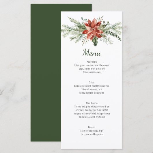Evergreen Branches Red Poinsettia Wedding Menükarte (Vorne/Hinten)