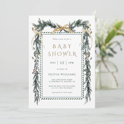 Evergreen Christmas Garland Baby Shower Einladung (Stehend Vorderseite)