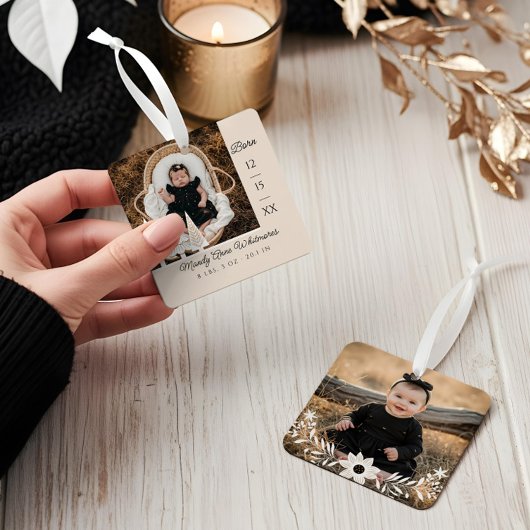 Evergreen Christmas Tree Baby Birth Stat Foto Ornament Aus Metall