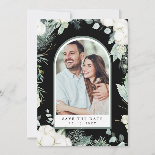 Evergreen & Cotton Blume Arch Foto Black Save The Date (Vorderseite)