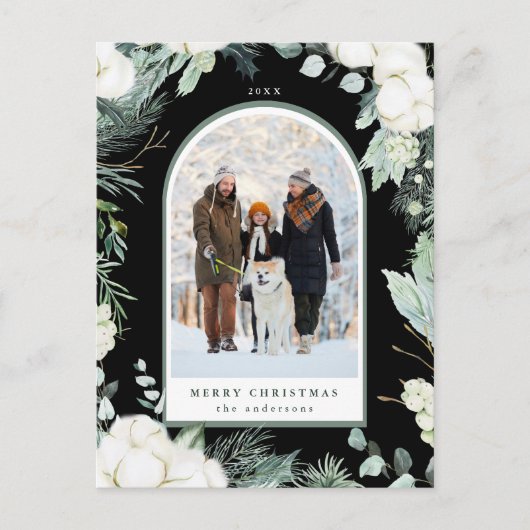 Evergreen & Cotton Blume Arch Foto Holiday Black Postkarte (Vorderseite)