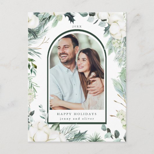 Evergreen & Cotton Blume Arch Foto Holiday Postkarte (Vorderseite)