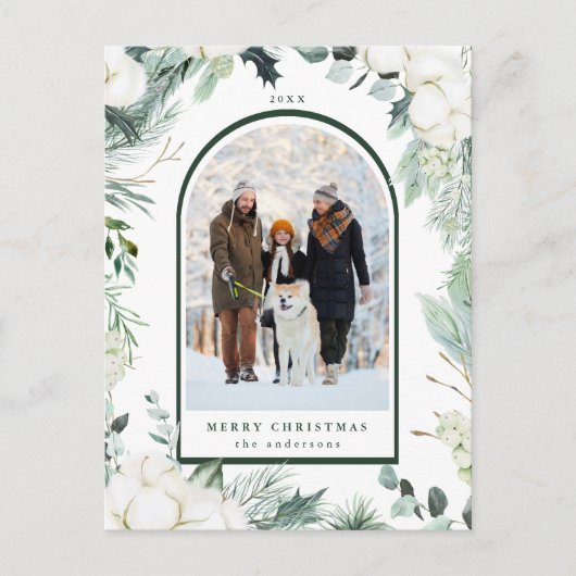 Evergreen & Cotton Blume Arch Foto Holiday Postkarte (Vorderseite)