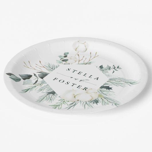 Evergreen & Cotton Blume Elegante Hexagon Hochzeit Pappteller (Schrägansicht)