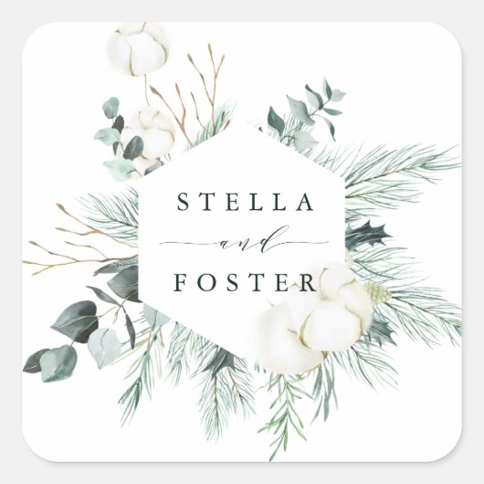 Evergreen & Cotton Blume Elegante Hexagon Hochzeit Quadratischer Aufkleber (Vorderseite)