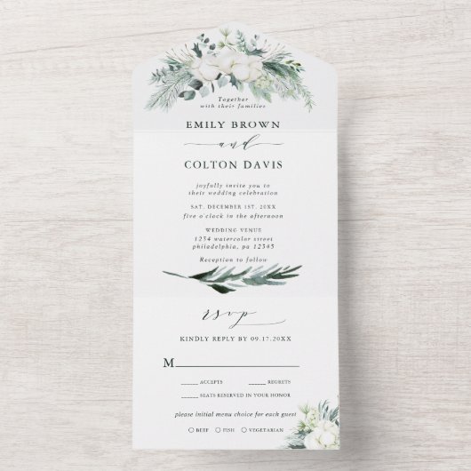Evergreen & Cotton Blume Elegante Hochzeit All In One Einladung (Innen Boden)