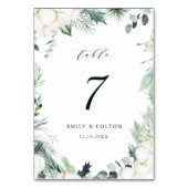 Evergreen & Cotton Blume Elegante Hochzeit Tischnummer (Vorderseite)