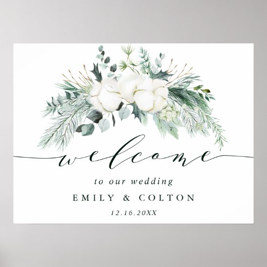 Evergreen & Cotton Blume Elegante Hochzeit Willkom Poster (Vorne)